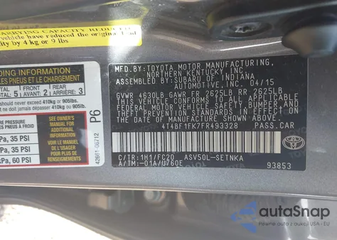 2015 Toyota Camry Le z USA, uszkodzony, nr VIN 4T4BF1FK7FR493328